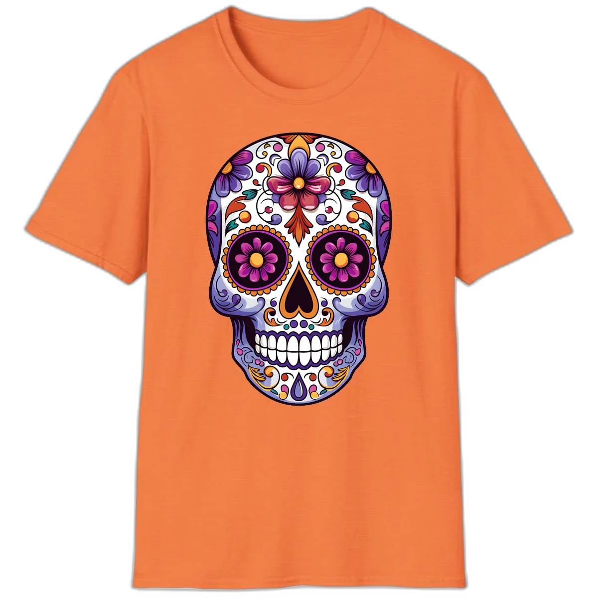 Vibrant Floral Calavera Day of the Dead Design T-Shirt in Heather Orange