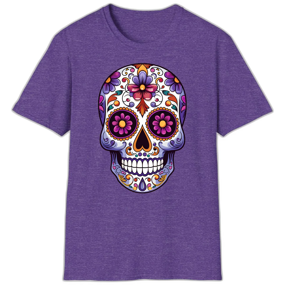 Vibrant Floral Calavera Day of the Dead Design T-Shirt in Heather Purple
