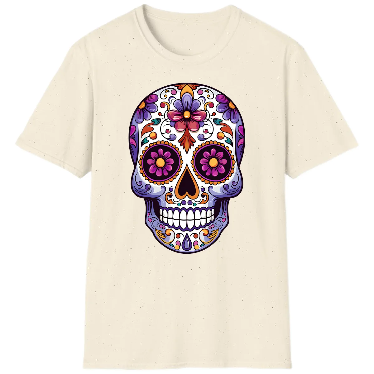 Vibrant Floral Calavera Day of the Dead Design T-Shirt in Natural