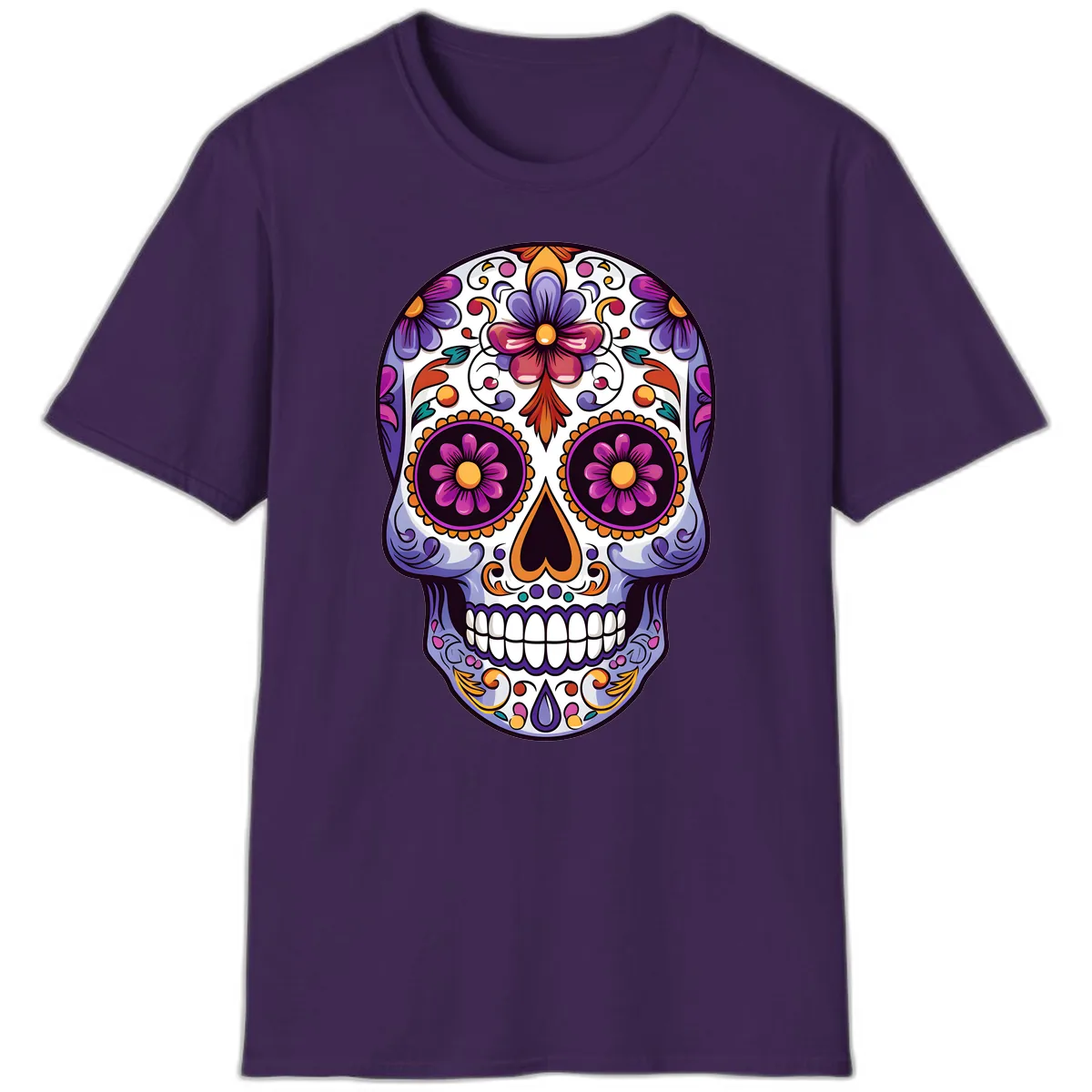 Vibrant Floral Calavera Day of the Dead Design T-Shirt in Purple