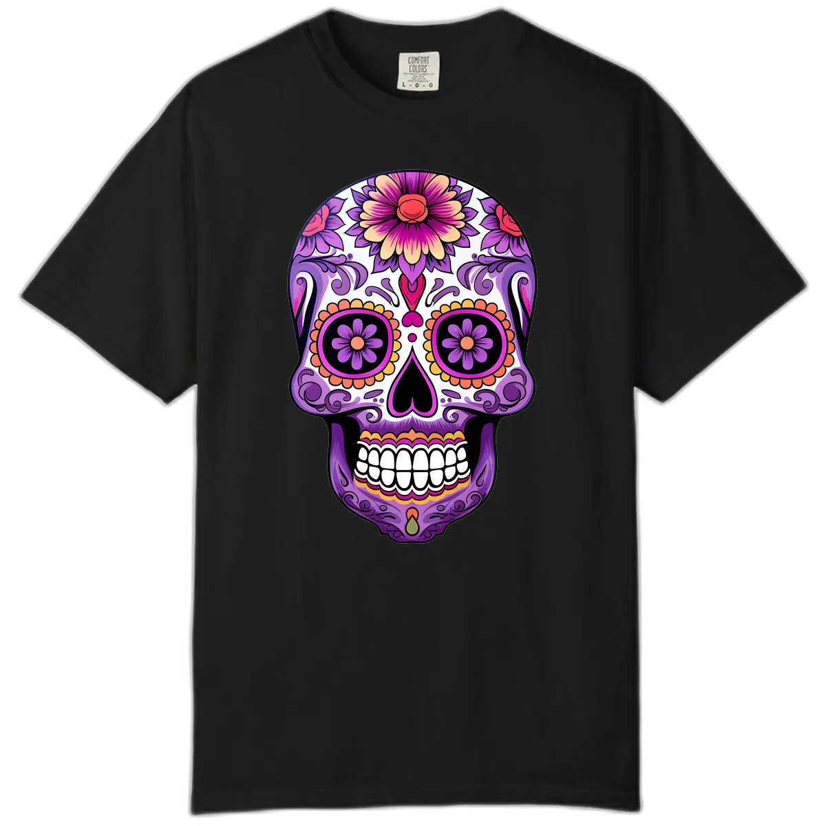 Ornate Floral Calavera Sugar Skull Design Comfort Color in Black