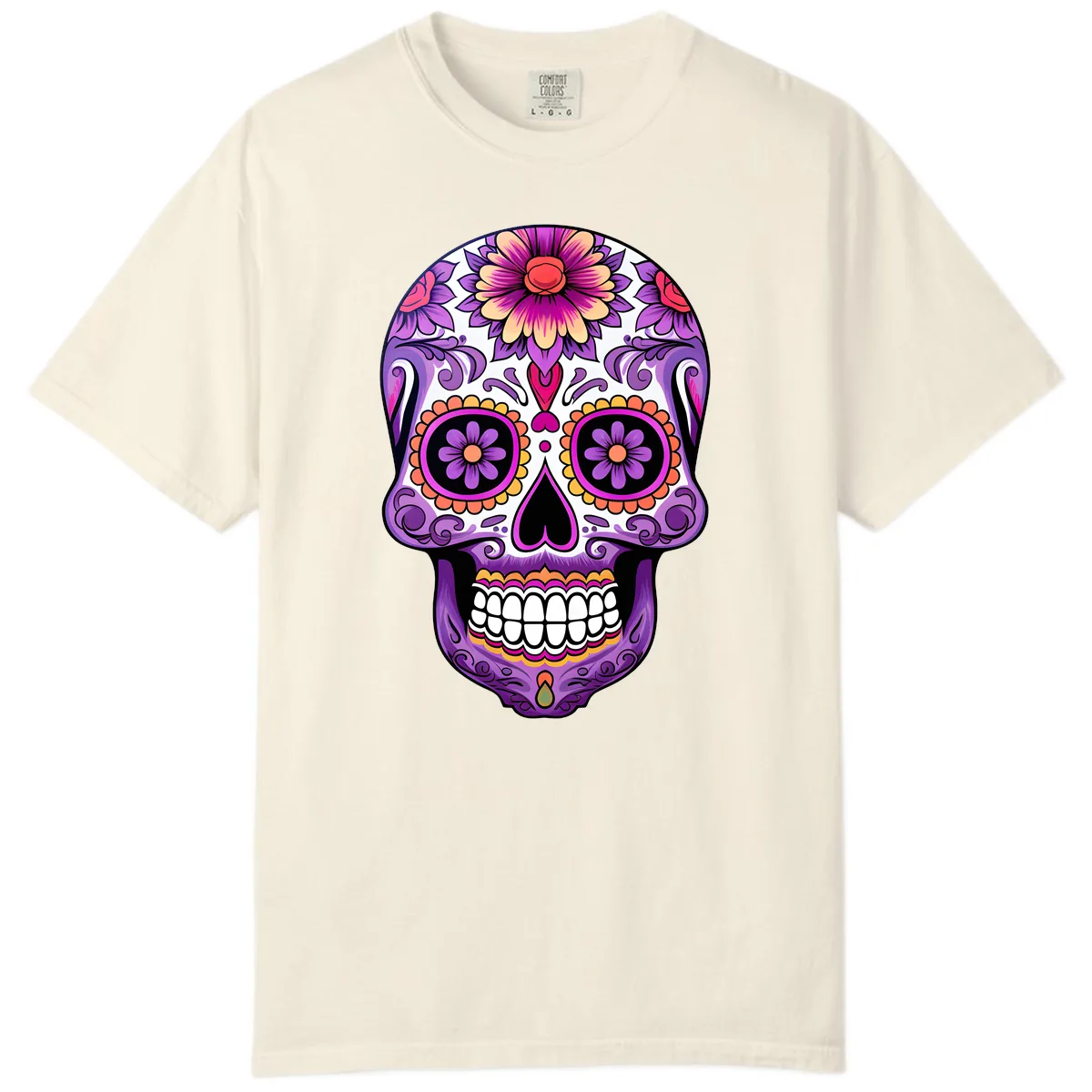 Ornate Floral Calavera Sugar Skull Design Comfort Color in Ivory