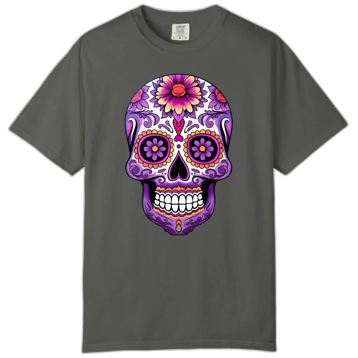 Ornate Floral Calavera Sugar Skull Design Comfort Color in Pepper