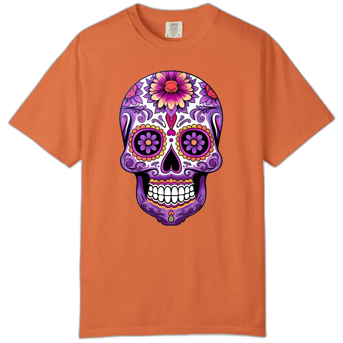 Ornate Floral Calavera Sugar Skull Design Comfort Color in Burnt Orange