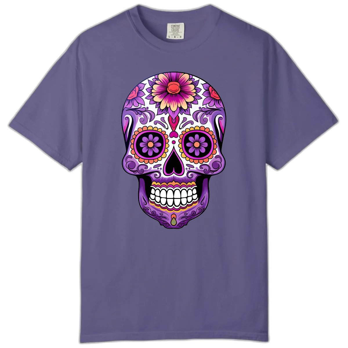 Ornate Floral Calavera Sugar Skull Design Comfort Color in Grape