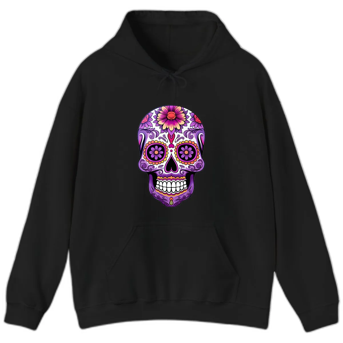 Ornate Floral Calavera Sugar Skull Design Hoodie in Black