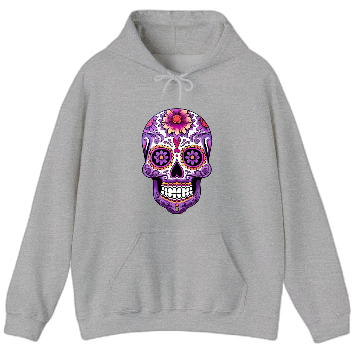 Ornate Floral Calavera Sugar Skull Design Hoodie in Sport Grey