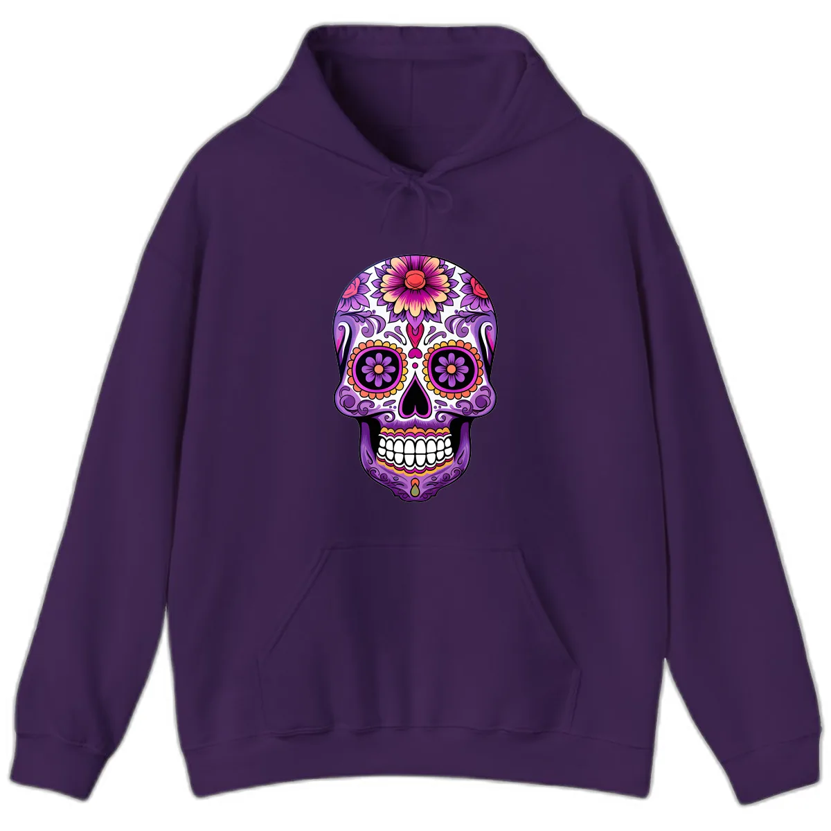 Ornate Floral Calavera Sugar Skull Design Hoodie in Purple