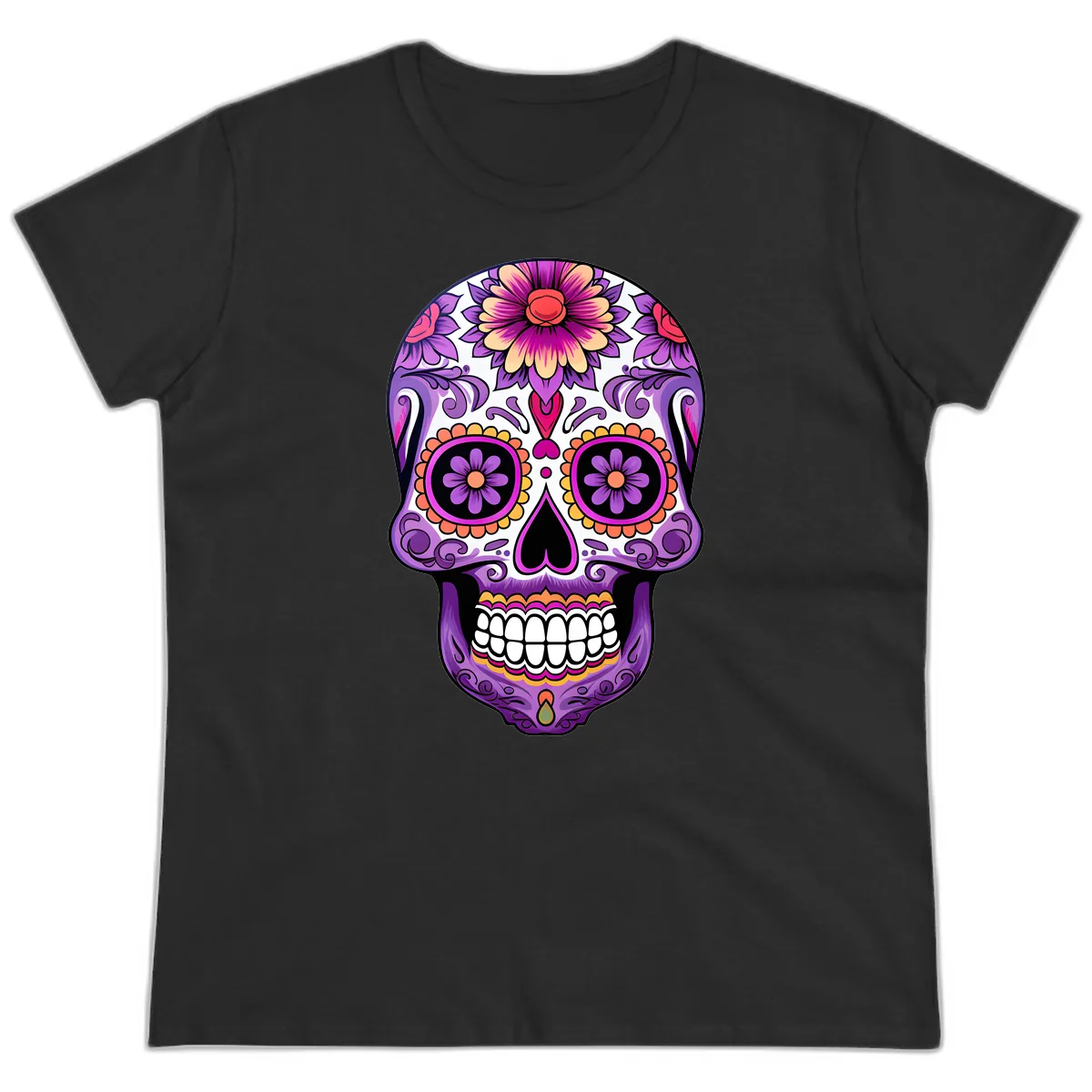 Ornate Floral Calavera Sugar Skull Design Ladies Tee in Black