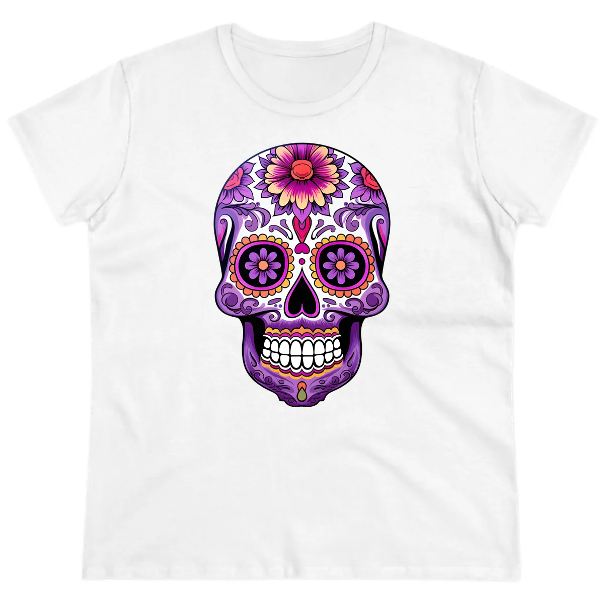 Ornate Floral Calavera Sugar Skull Design Ladies Tee in White