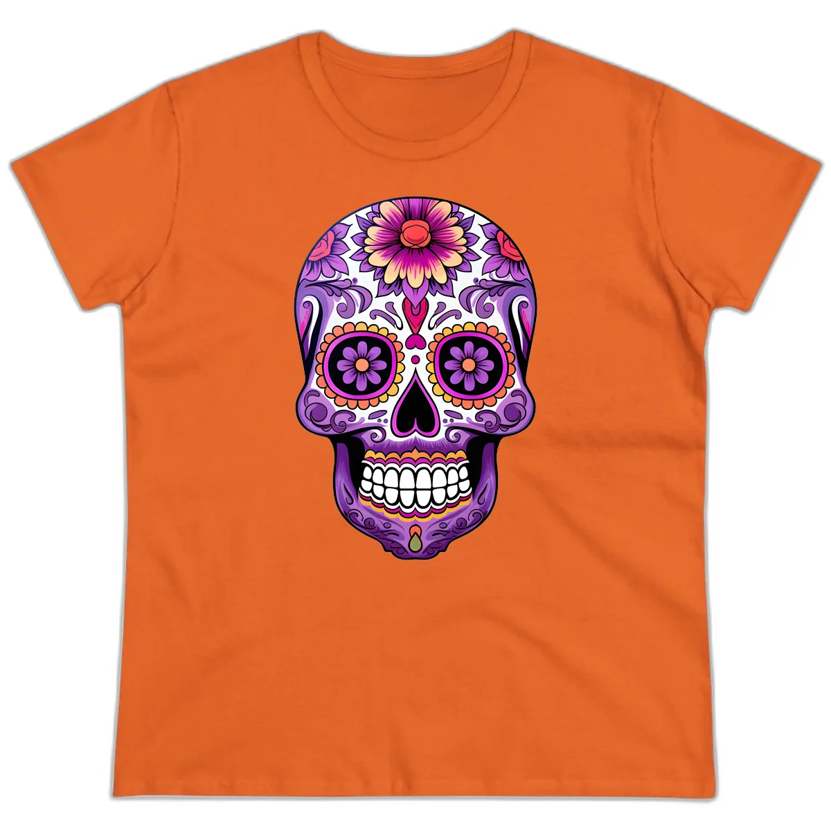 Ornate Floral Calavera Sugar Skull Design Ladies Tee in Orange
