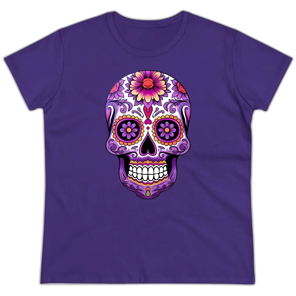 Ornate Floral Calavera Sugar Skull Design Ladies Tee in Purple