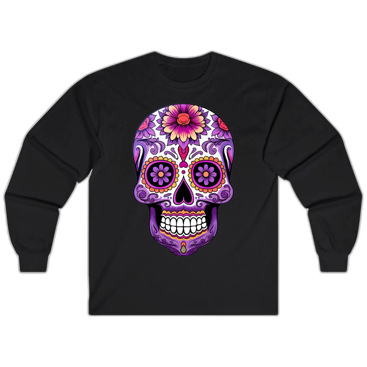 Ornate Floral Calavera Sugar Skull Design Long Sleeve in Black