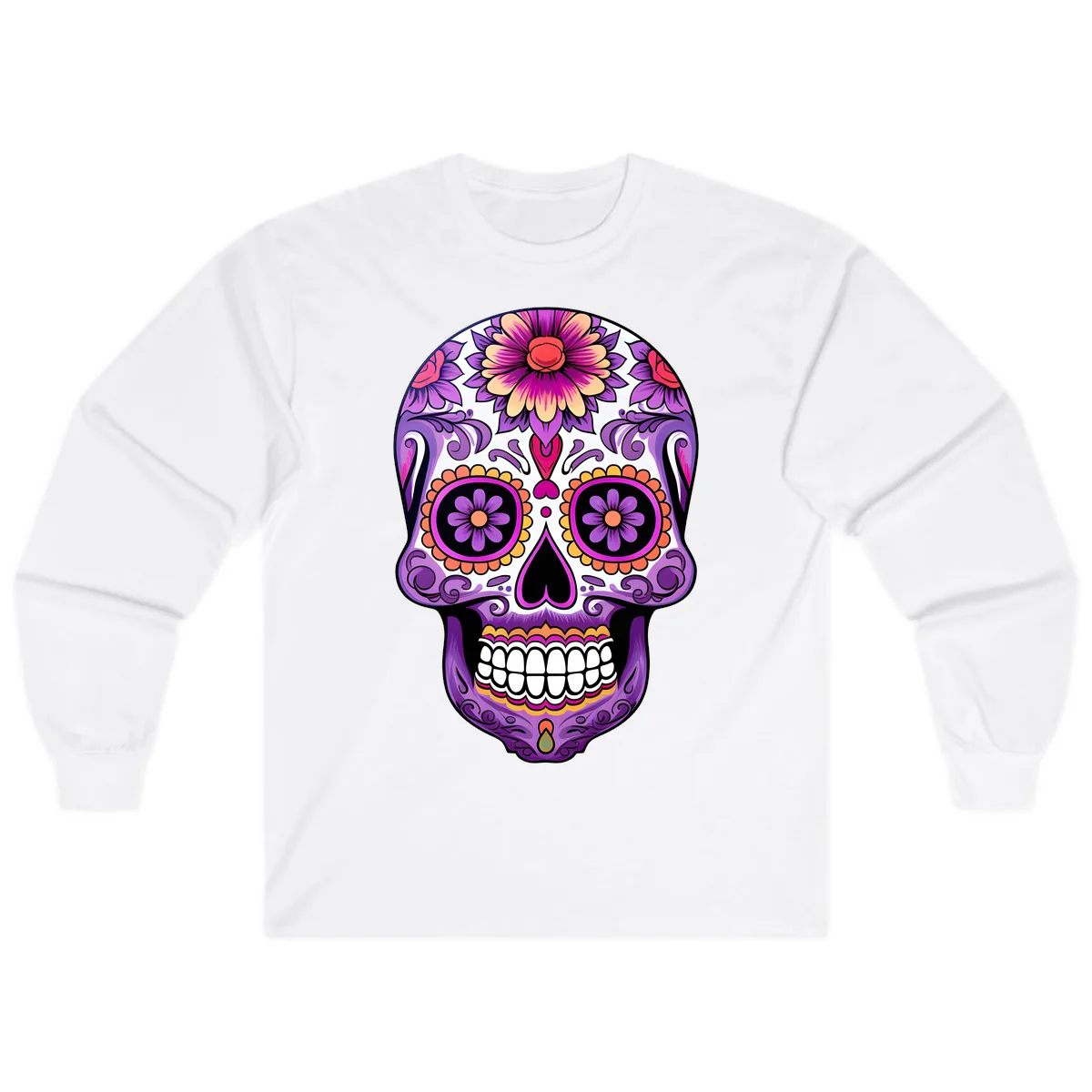 Ornate Floral Calavera Sugar Skull Design Long Sleeve in White