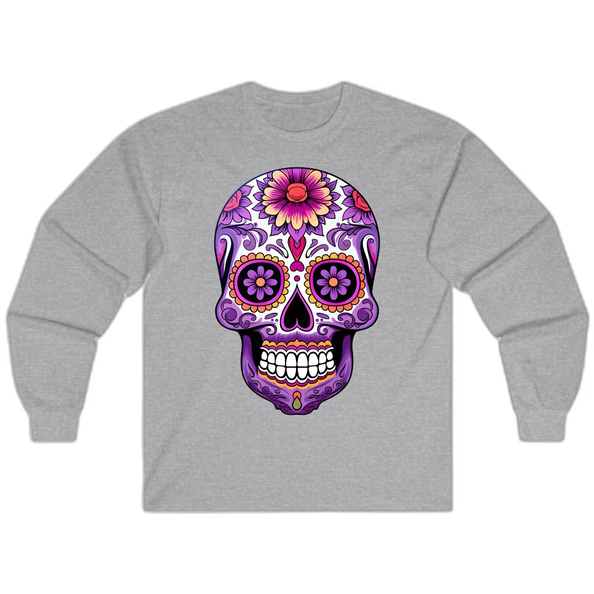 Ornate Floral Calavera Sugar Skull Design Long Sleeve in Sport Grey