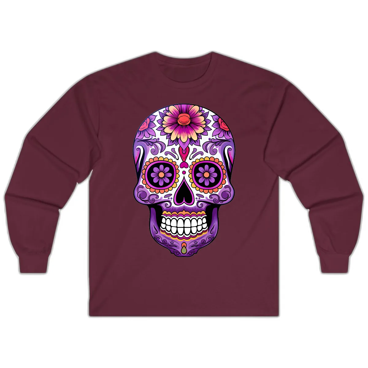 Ornate Floral Calavera Sugar Skull Design Long Sleeve in Maroon