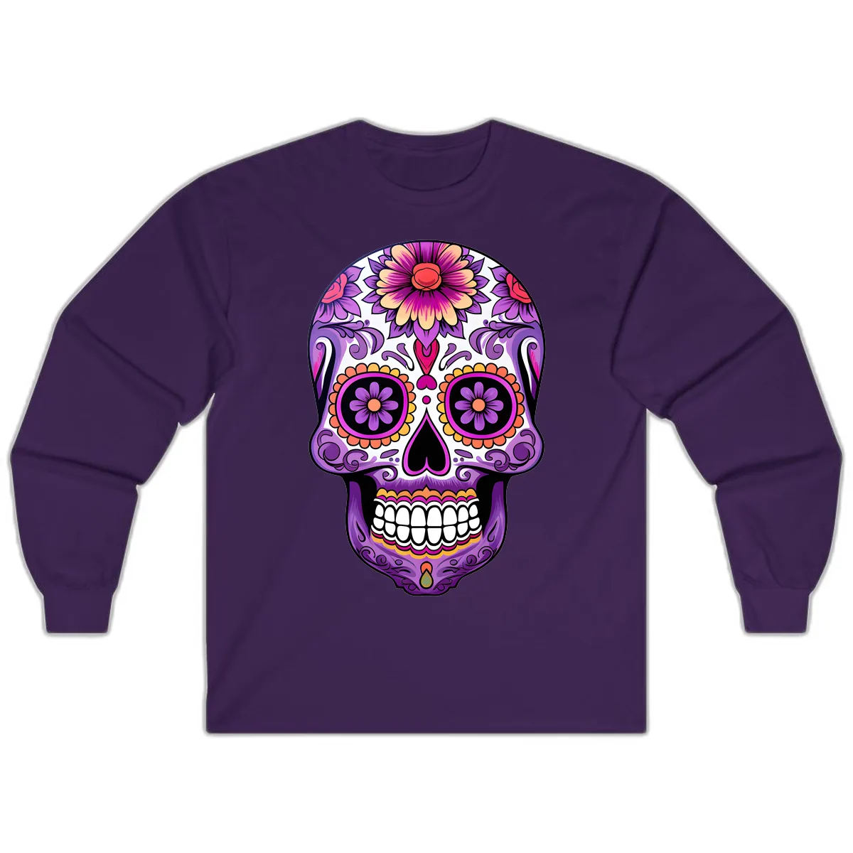 Ornate Floral Calavera Sugar Skull Design Long Sleeve in Purple