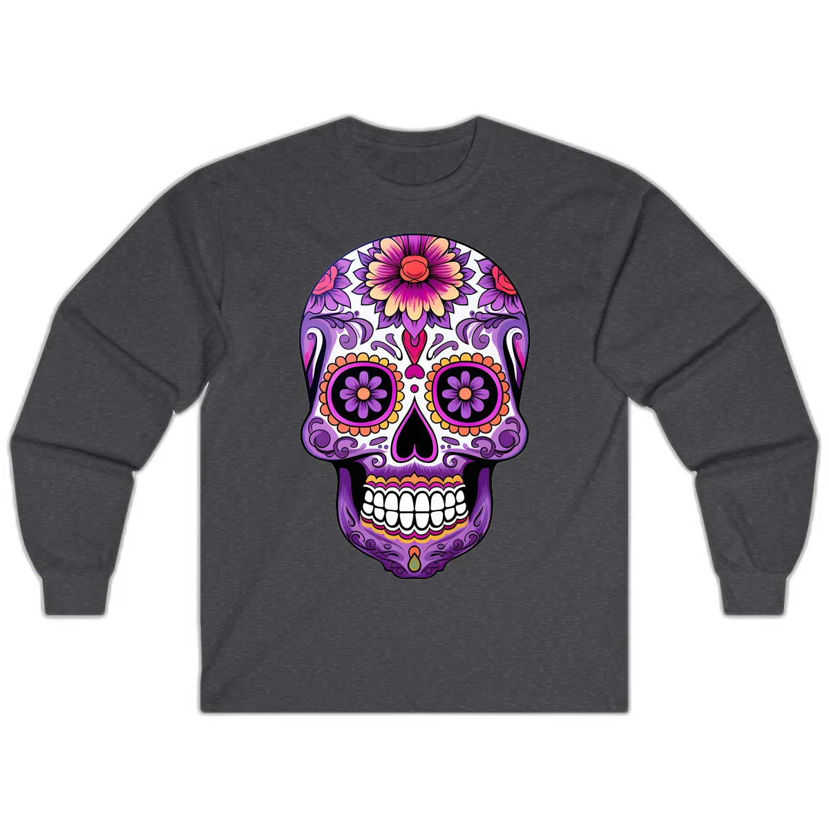 Ornate Floral Calavera Sugar Skull Design Long Sleeve in Dark Heather