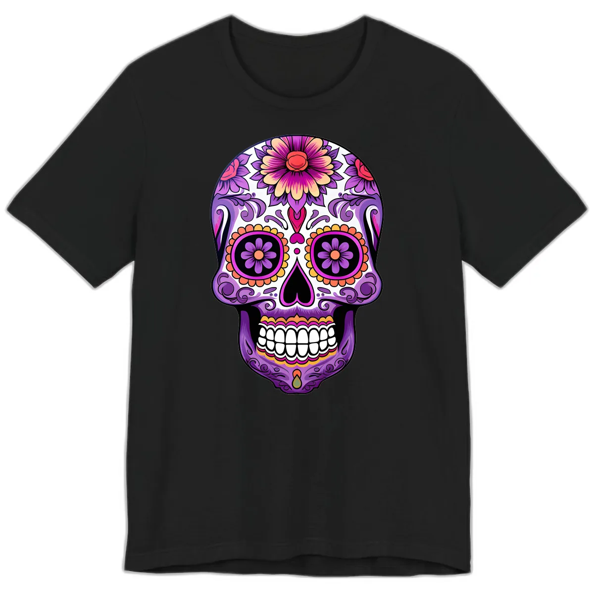 Ornate Floral Calavera Sugar Skull Design Premium T-Shirt in Black