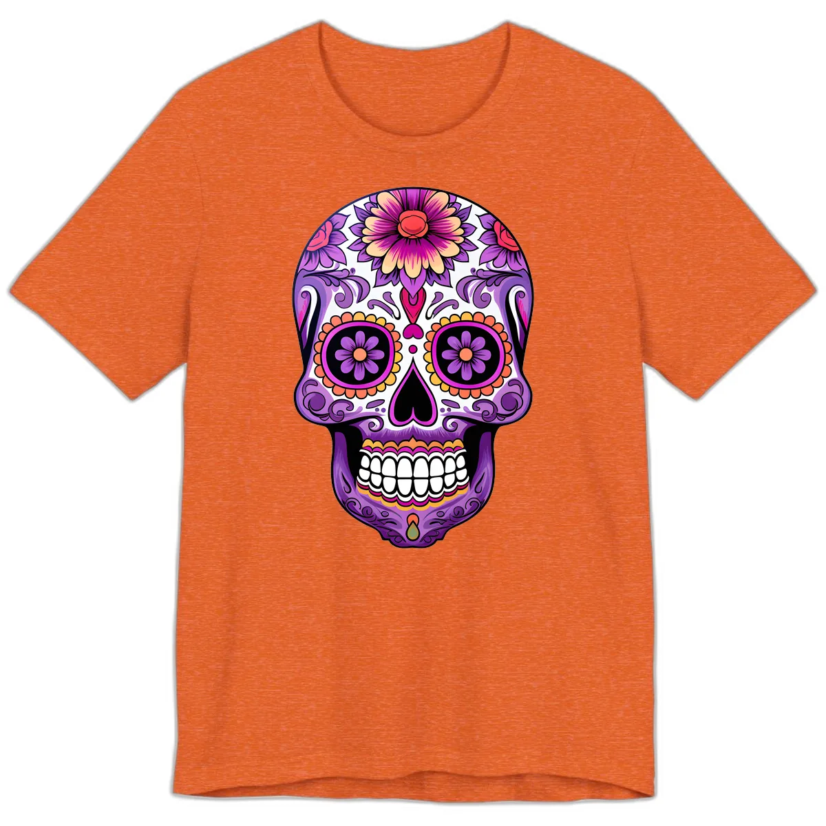Ornate Floral Calavera Sugar Skull Design Premium T-Shirt in Heather Orange