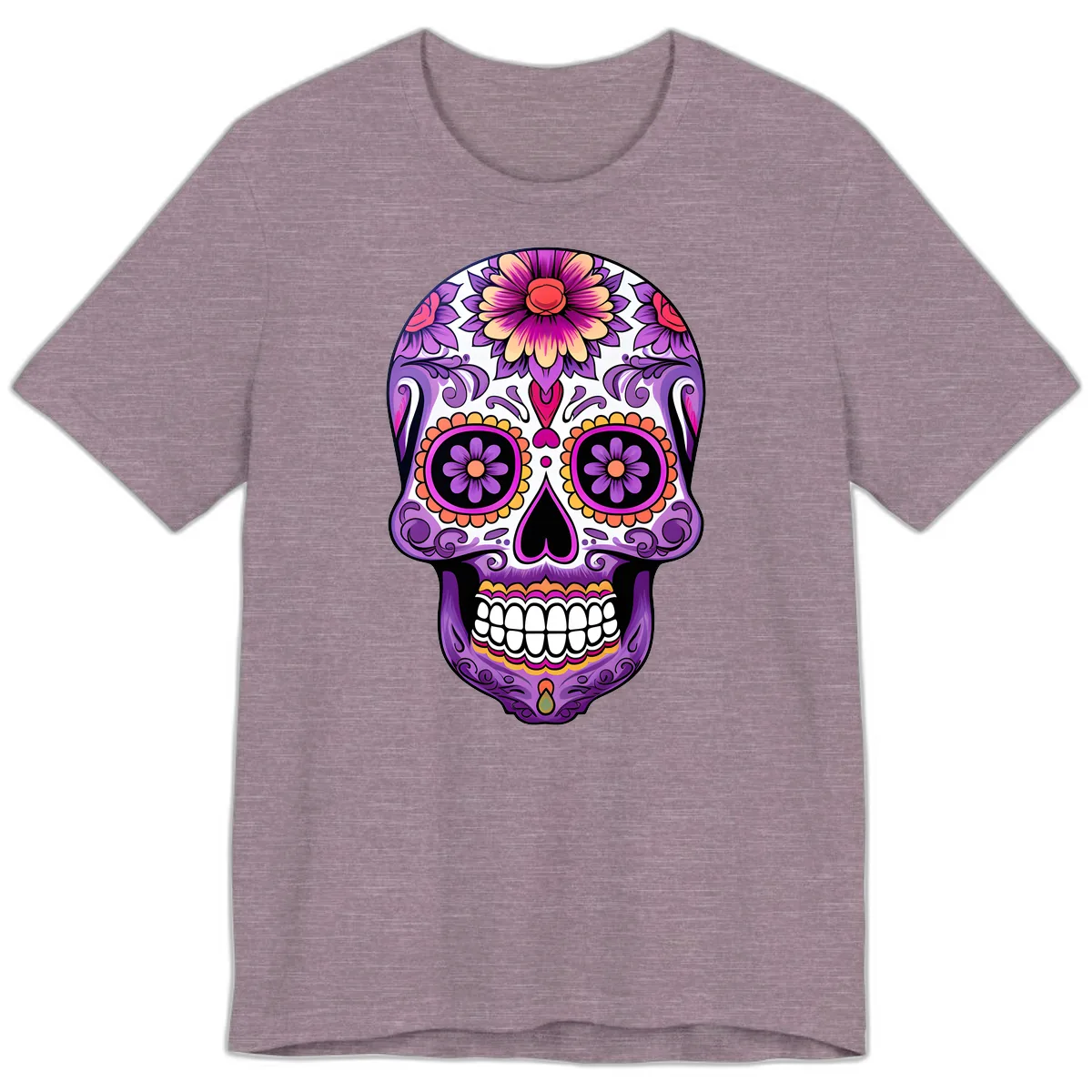 Ornate Floral Calavera Sugar Skull Design Premium T-Shirt in Heather Purple