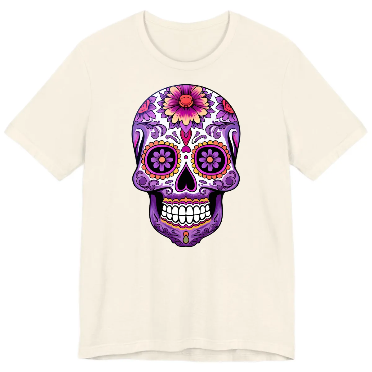 Ornate Floral Calavera Sugar Skull Design Premium T-Shirt in Natural