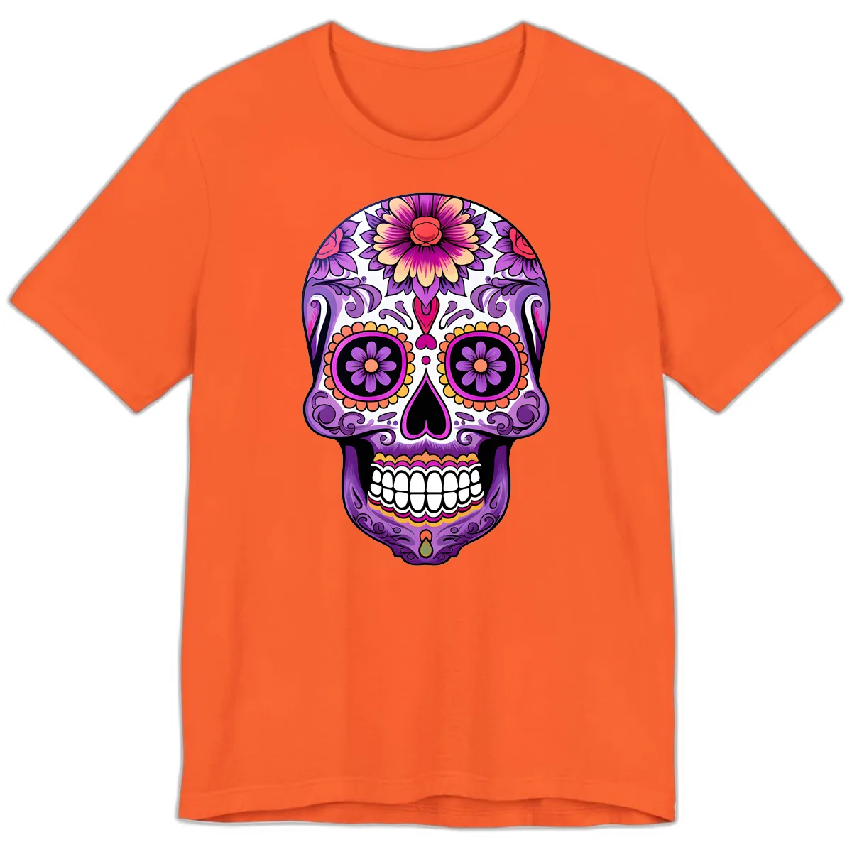 Ornate Floral Calavera Sugar Skull Design Premium T-Shirt in Orange