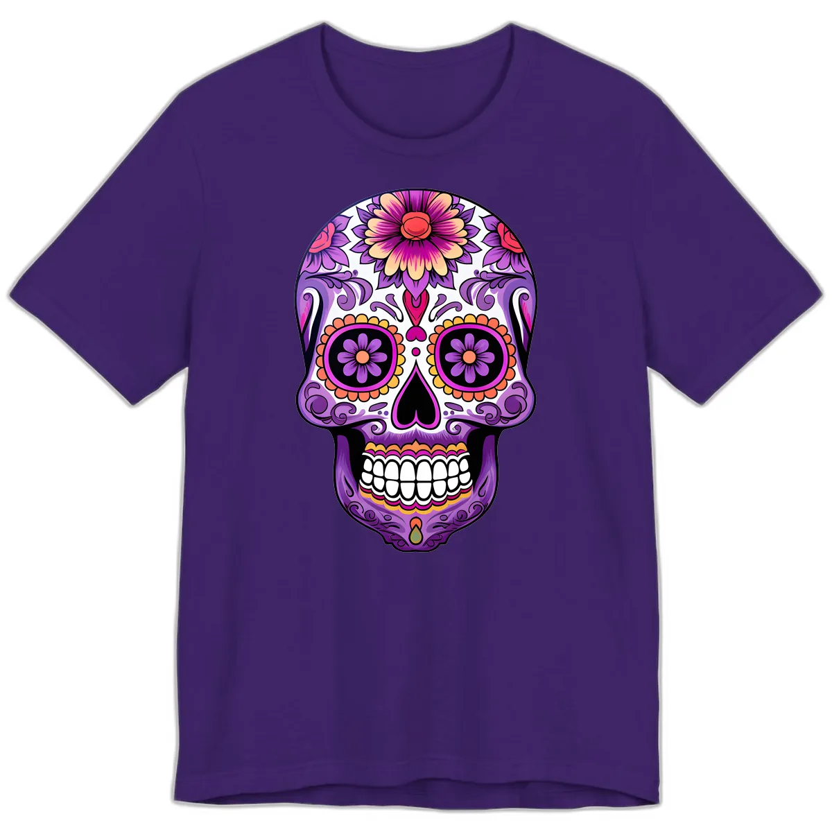 Ornate Floral Calavera Sugar Skull Design Premium T-Shirt in Team Purple