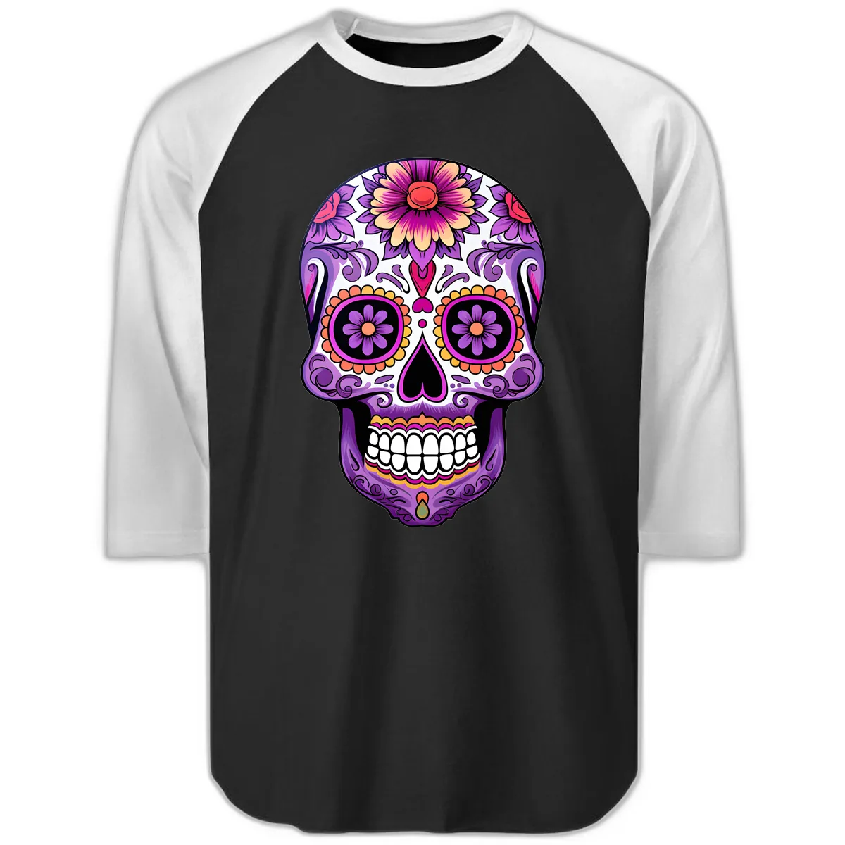 Ornate Floral Calavera Sugar Skull Design Raglan 3/4 in Black White