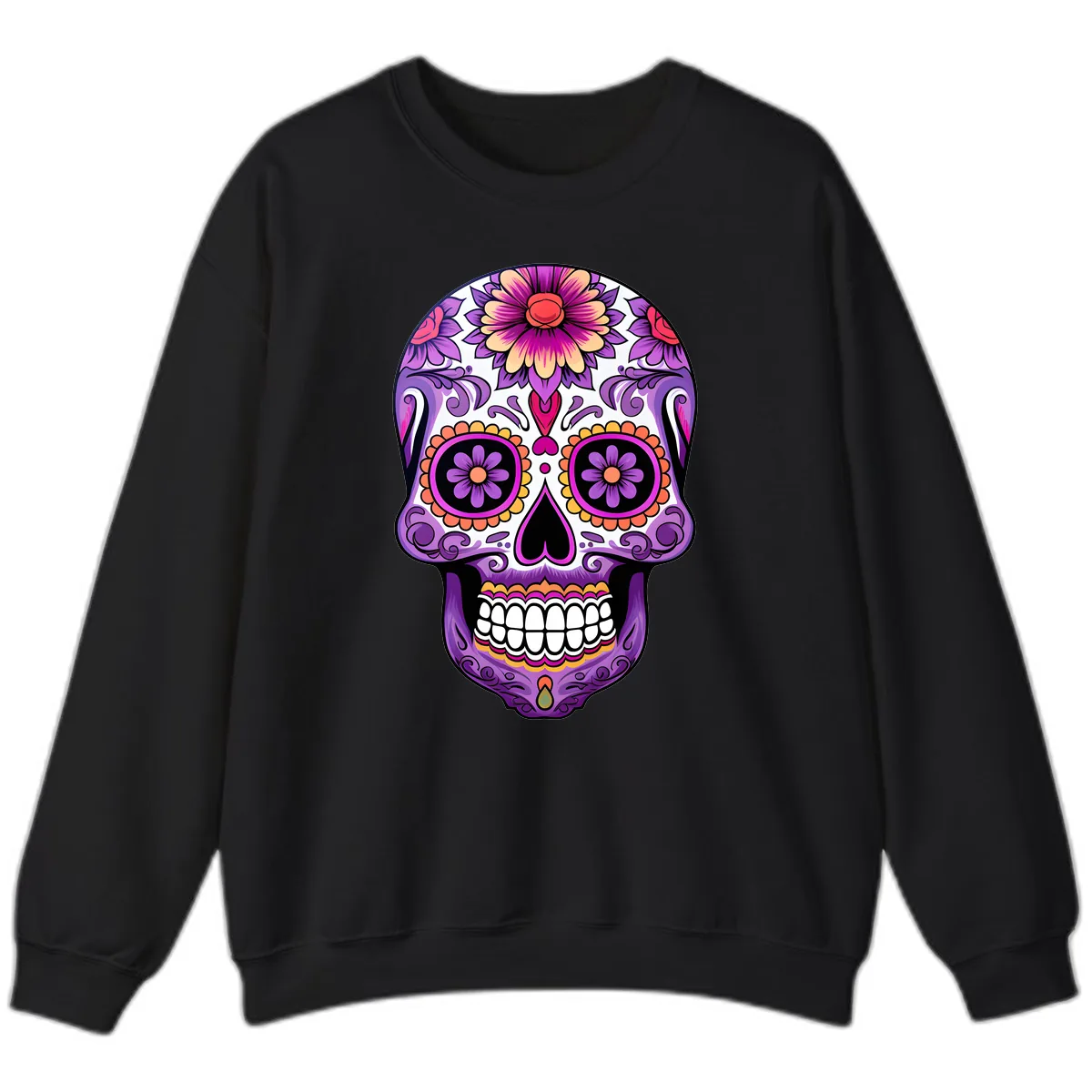 Ornate Floral Calavera Sugar Skull Design Sweatshirt in Black
