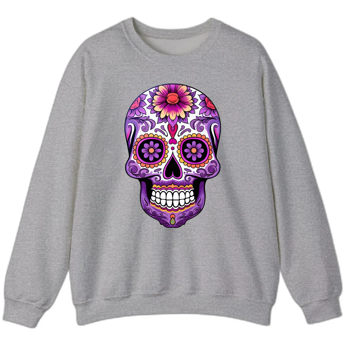 Ornate Floral Calavera Sugar Skull Design Sweatshirt in Sport Grey