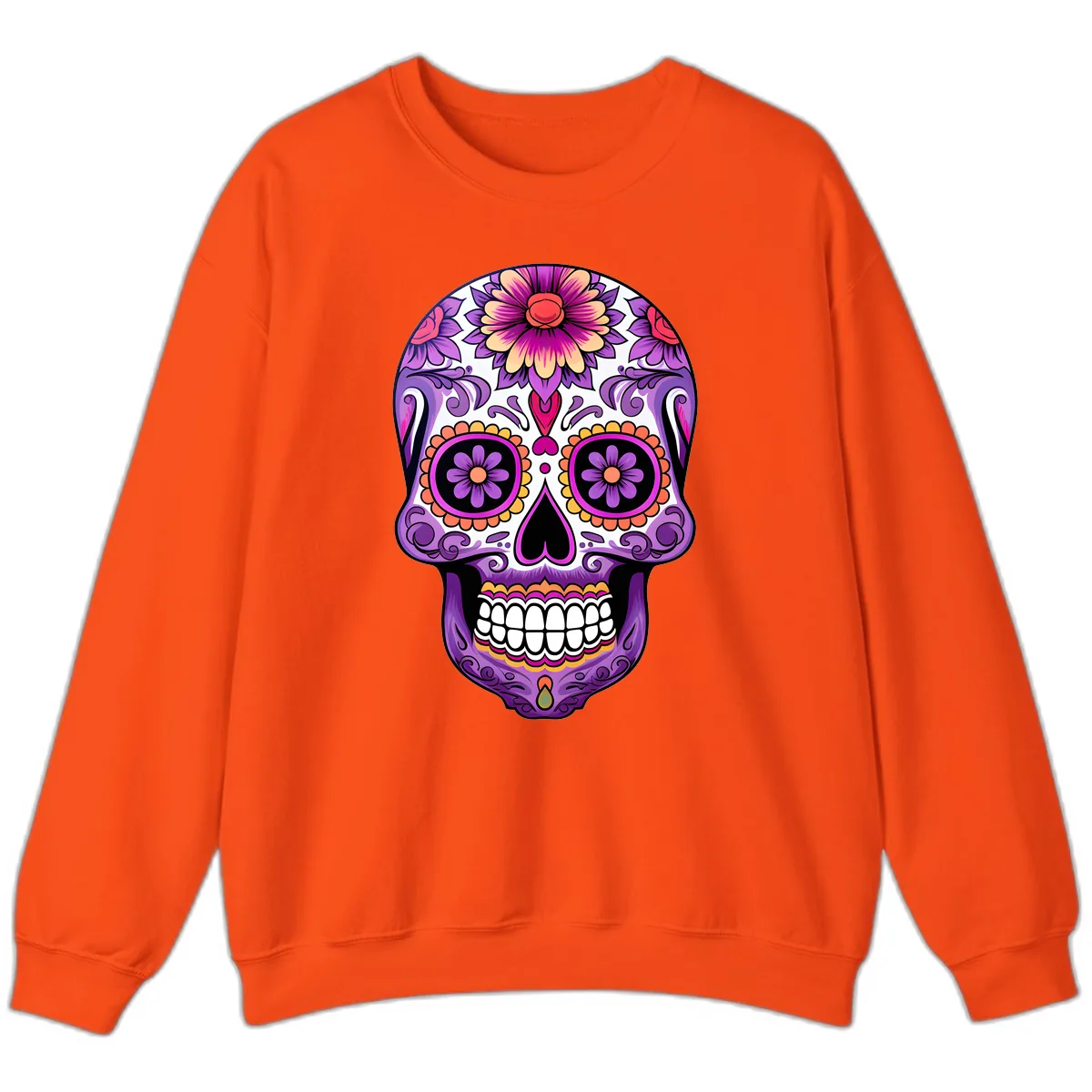 Ornate Floral Calavera Sugar Skull Design Sweatshirt in Orange