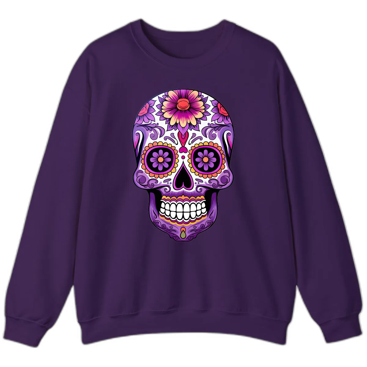 Ornate Floral Calavera Sugar Skull Design Sweatshirt in Purple