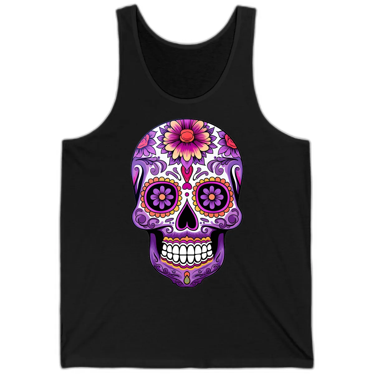 Ornate Floral Calavera Sugar Skull Design Tank in Black