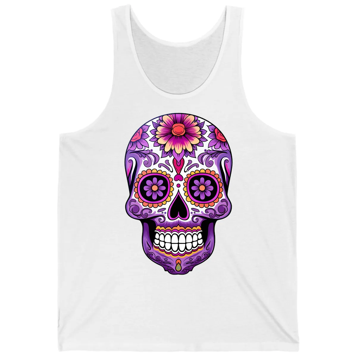 Ornate Floral Calavera Sugar Skull Design Tank in White