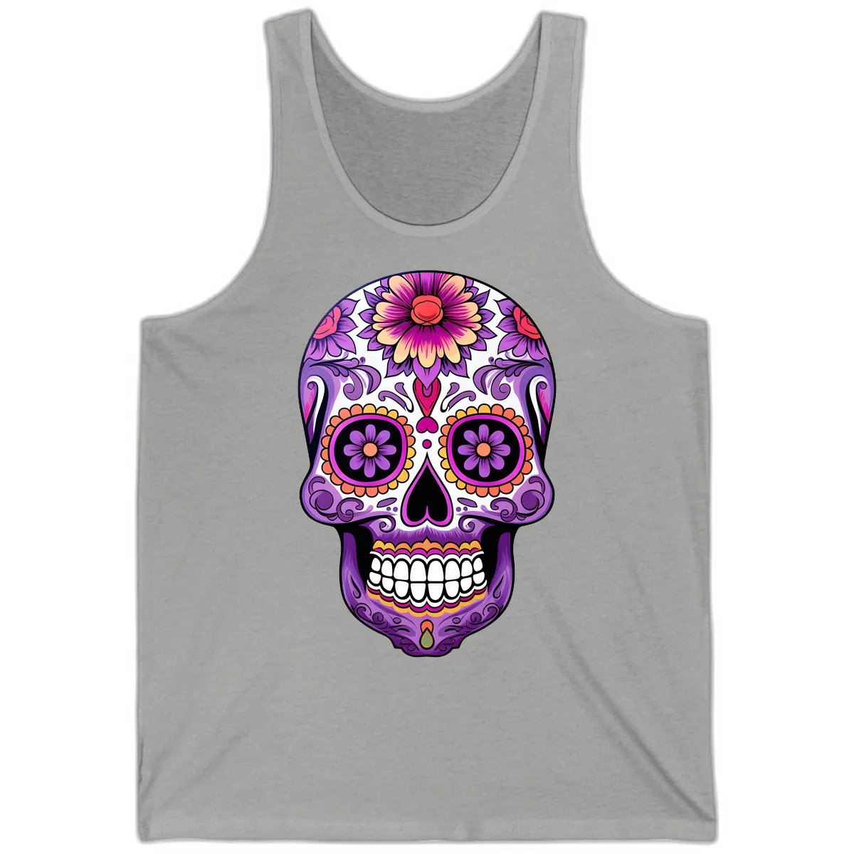 Ornate Floral Calavera Sugar Skull Design Tank in Athletic Heather