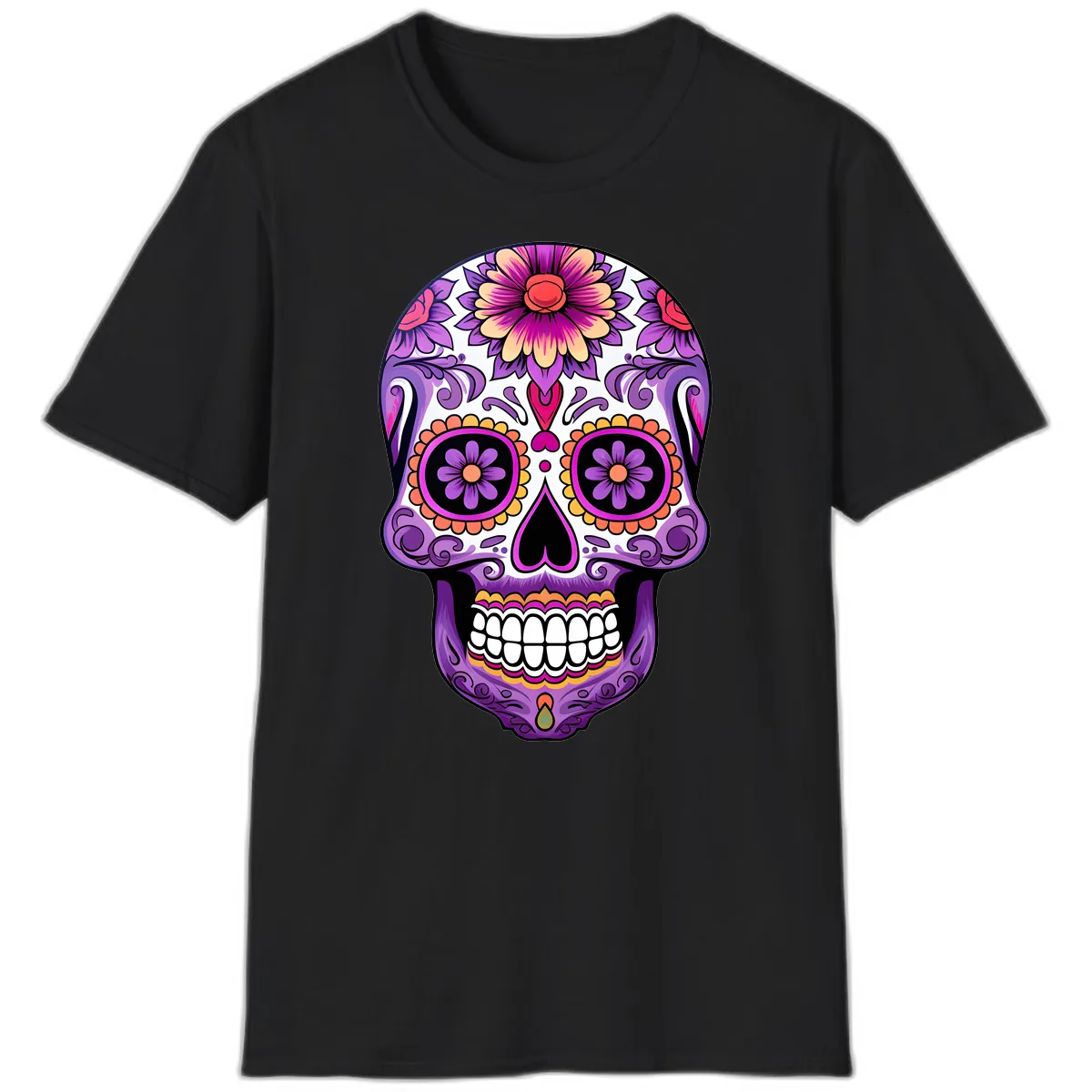 Ornate Floral Calavera Sugar Skull Design T-Shirt in Black
