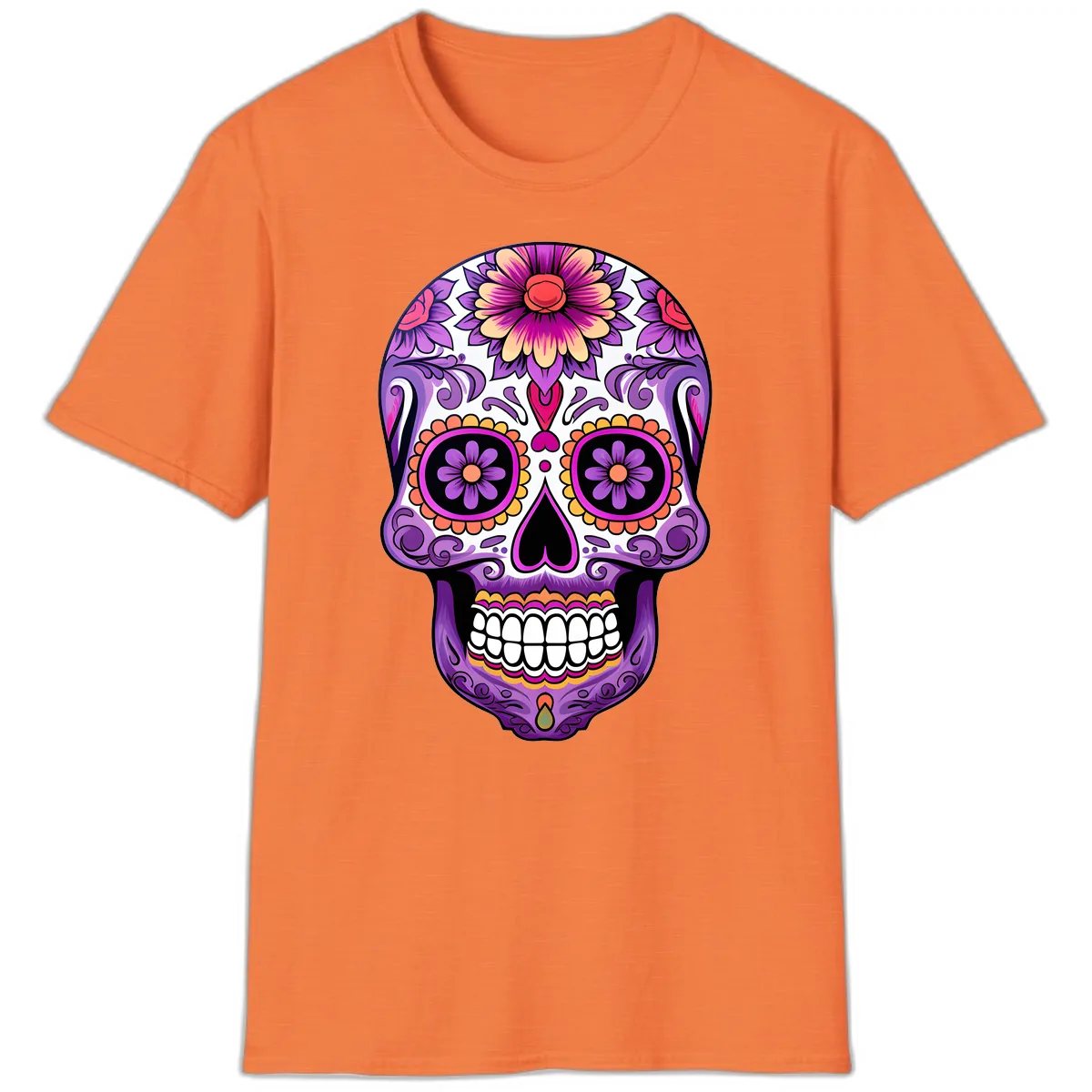 Ornate Floral Calavera Sugar Skull Design T-Shirt in Heather Orange