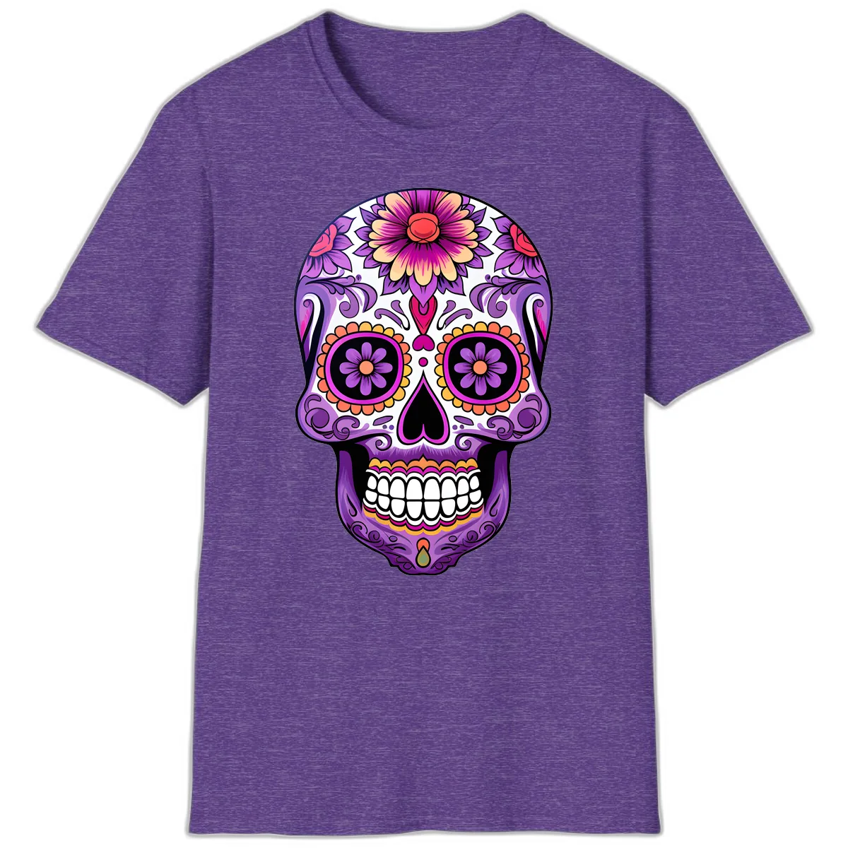 Ornate Floral Calavera Sugar Skull Design T-Shirt in Heather Purple