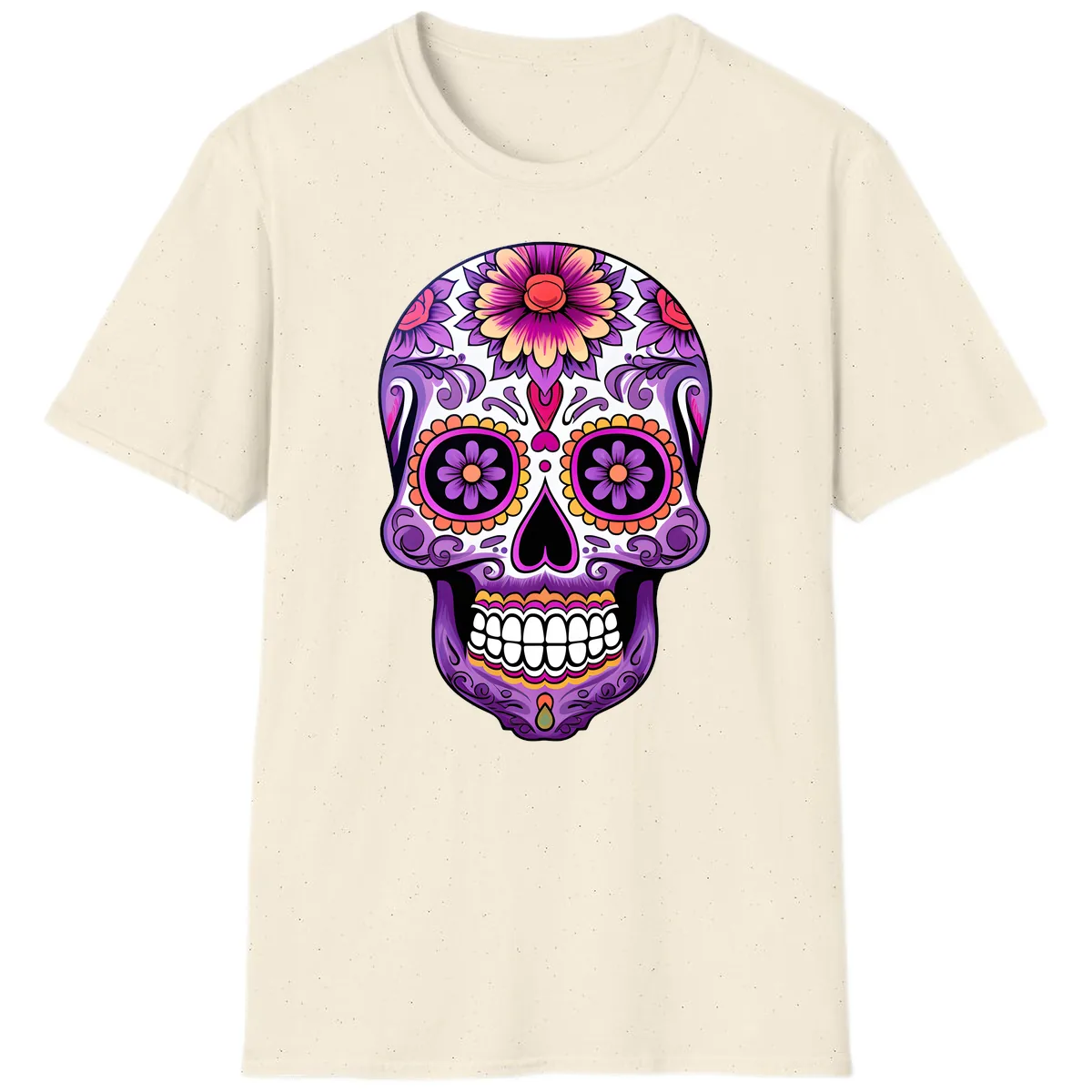 Ornate Floral Calavera Sugar Skull Design T-Shirt in Natural