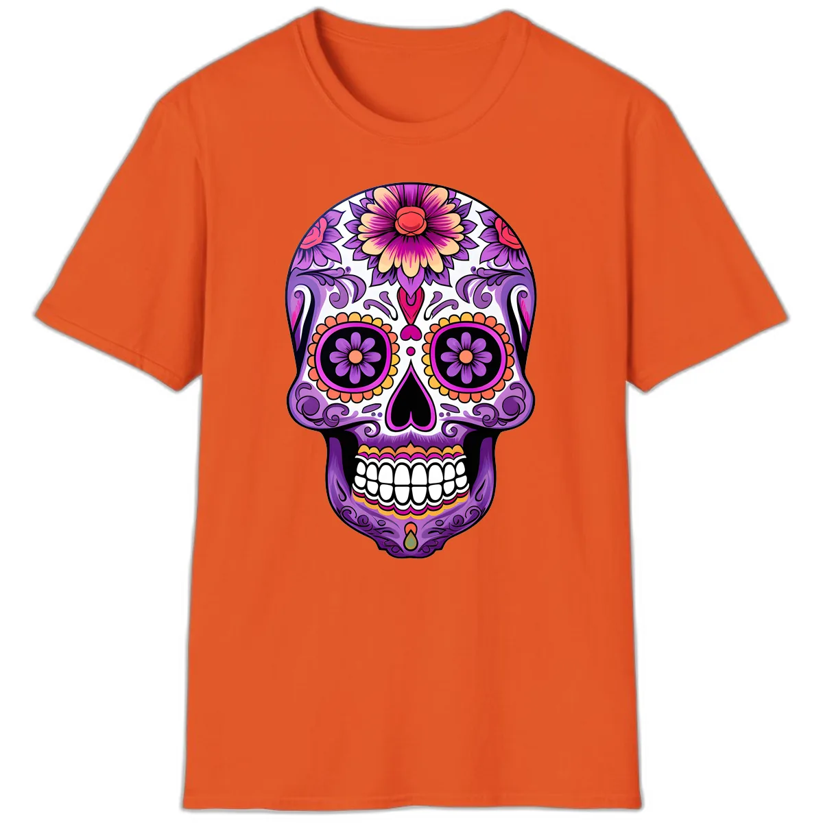 Ornate Floral Calavera Sugar Skull Design T-Shirt in Orange