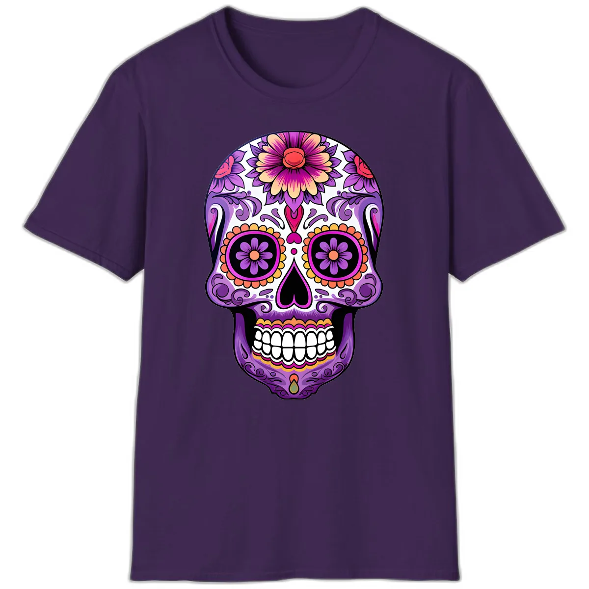 Ornate Floral Calavera Sugar Skull Design T-Shirt in Purple