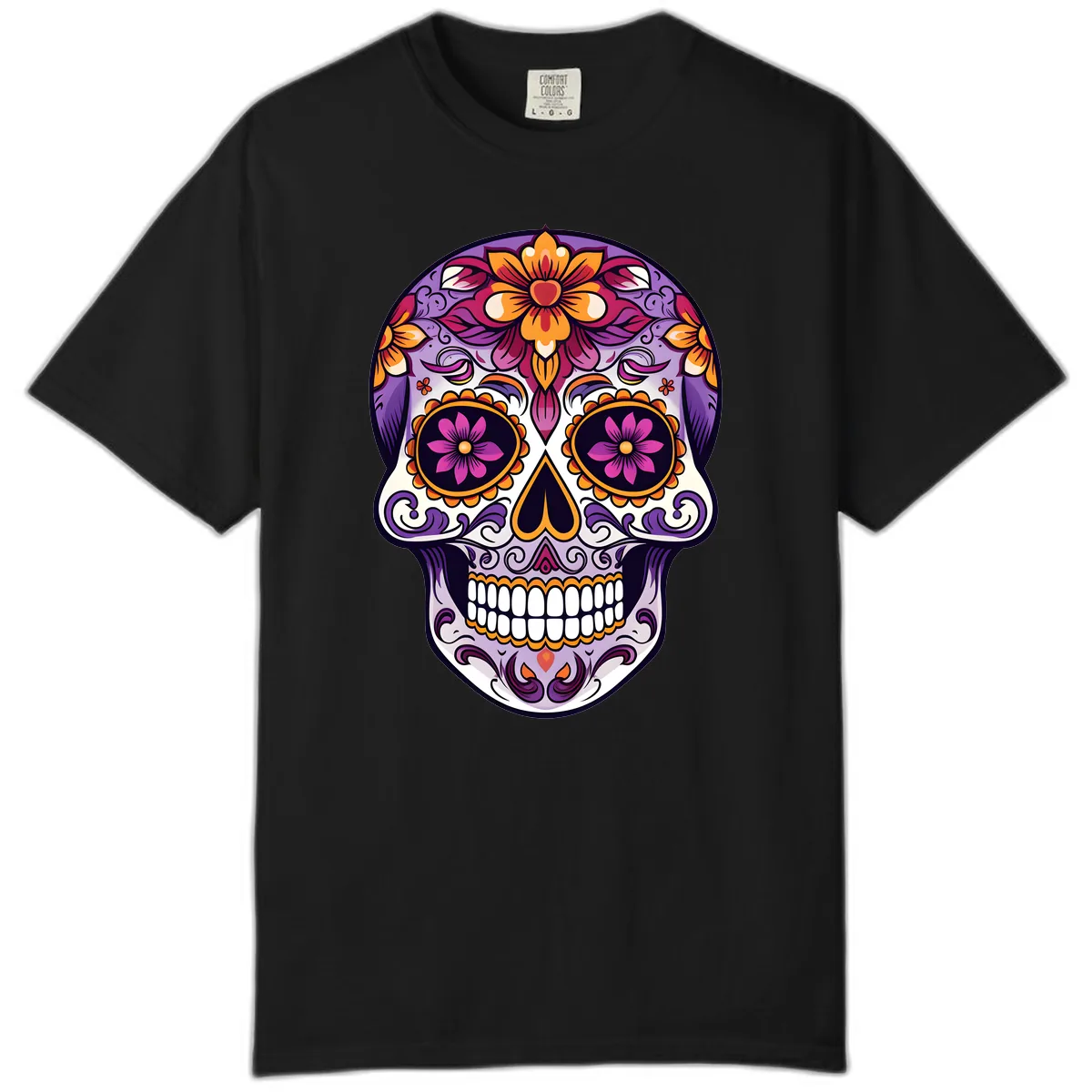 Vibrant Floral Calavera Sugar Skull Design Comfort Color in Black