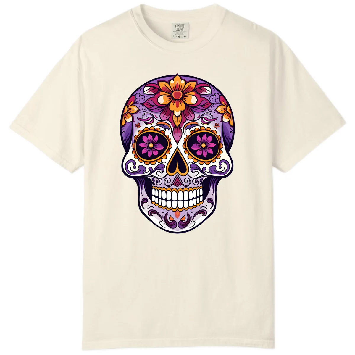 Vibrant Floral Calavera Sugar Skull Design Comfort Color in Ivory