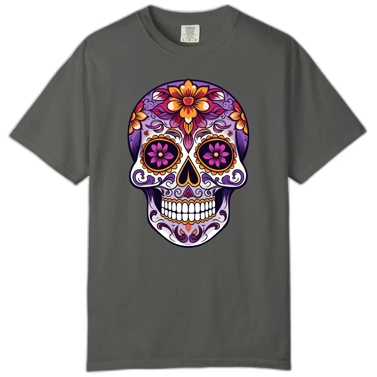 Vibrant Floral Calavera Sugar Skull Design Comfort Color in Pepper