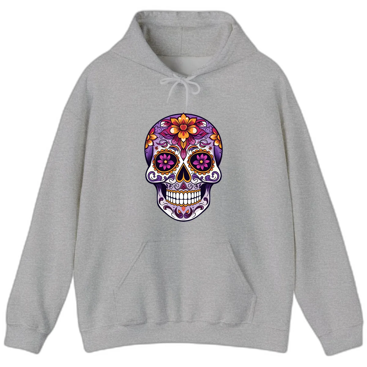 Vibrant Floral Calavera Sugar Skull Design Hoodie in Sport Grey