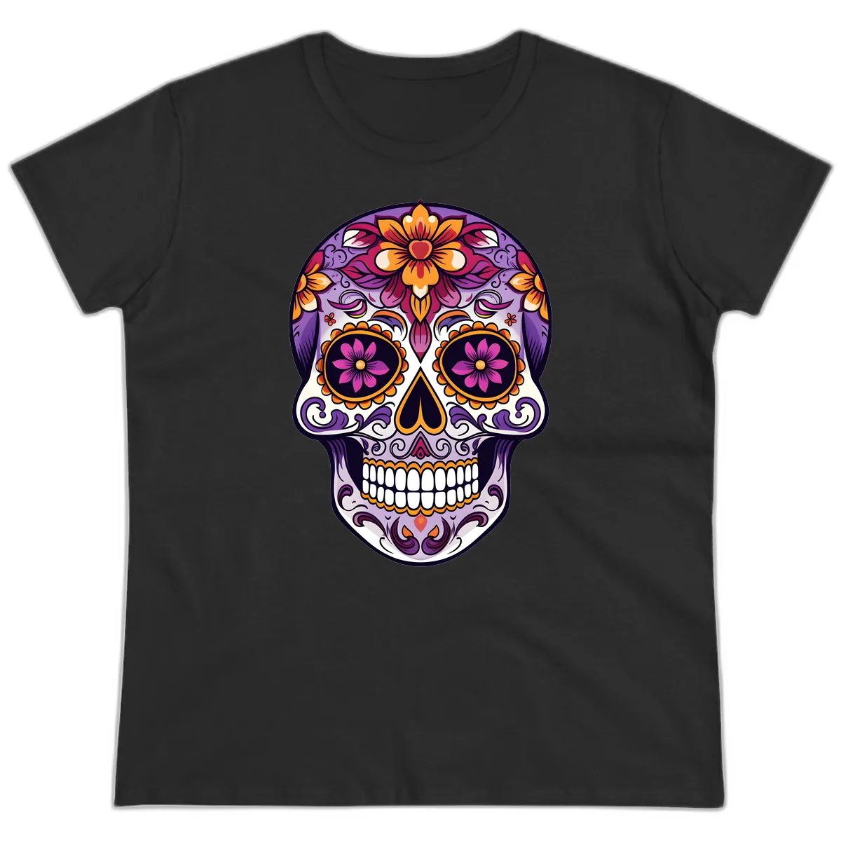 Vibrant Floral Calavera Sugar Skull Design Ladies Tee in Black