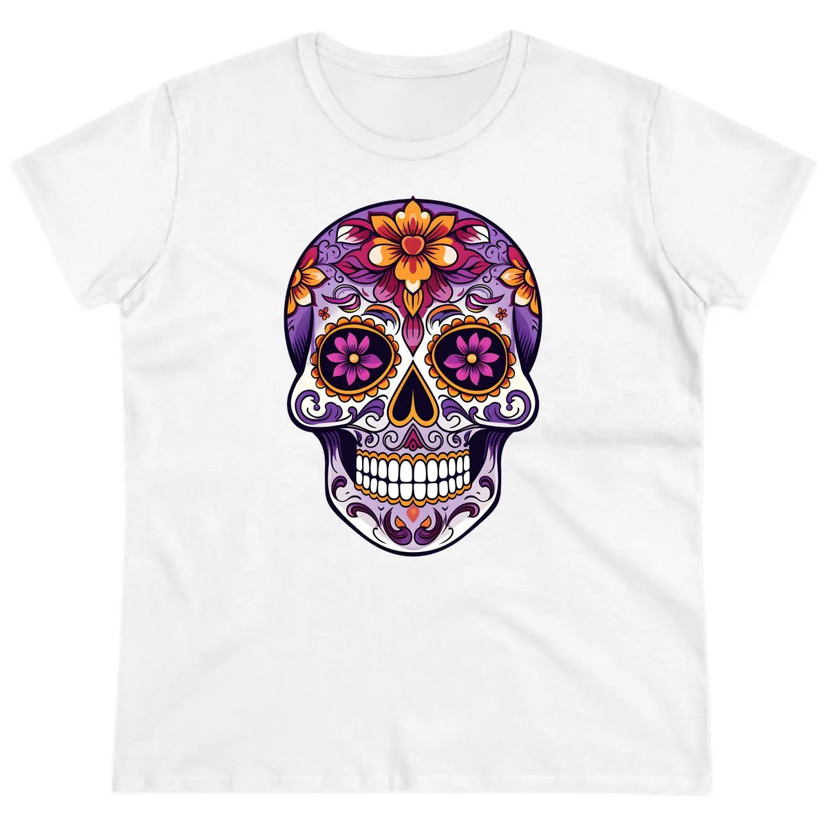 Vibrant Floral Calavera Sugar Skull Design Ladies Tee in White