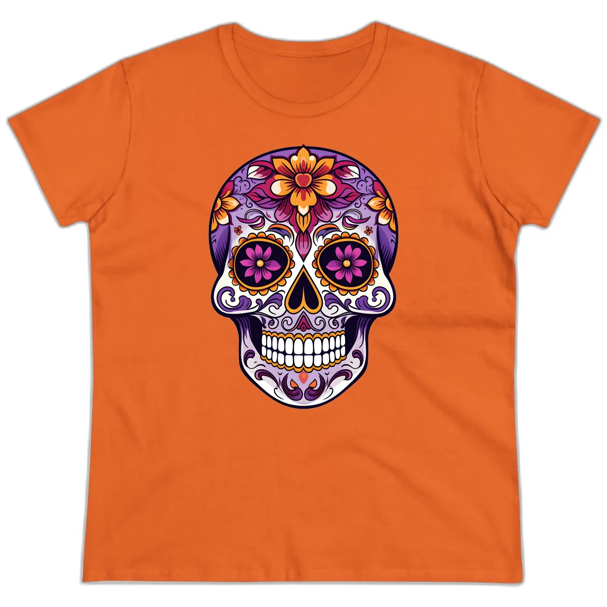 Vibrant Floral Calavera Sugar Skull Design Ladies Tee in Orange