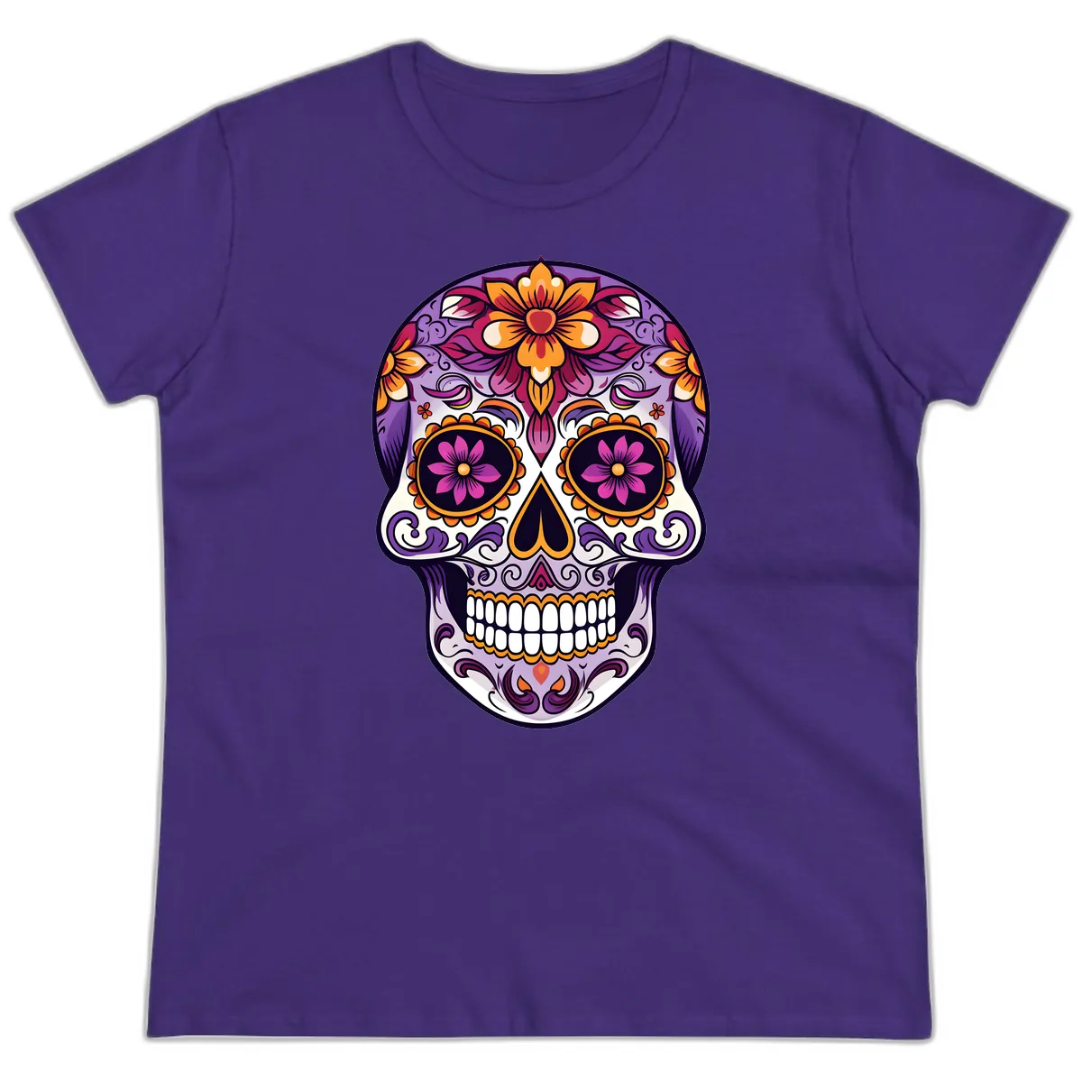 Vibrant Floral Calavera Sugar Skull Design Ladies Tee in Purple